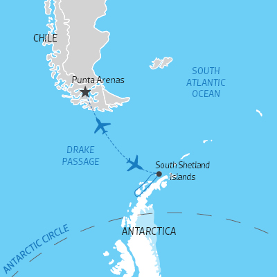 itinerary map for flying from South America to Antarctic Peninsula for expedition cruise