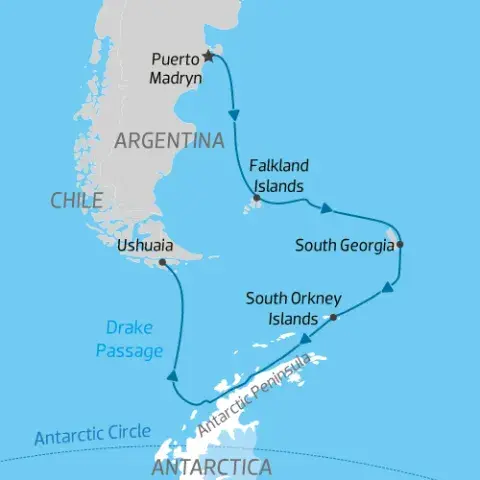 cruise itinerary map from Argentina to Falkalnds, South Georgia & Antarctica) 