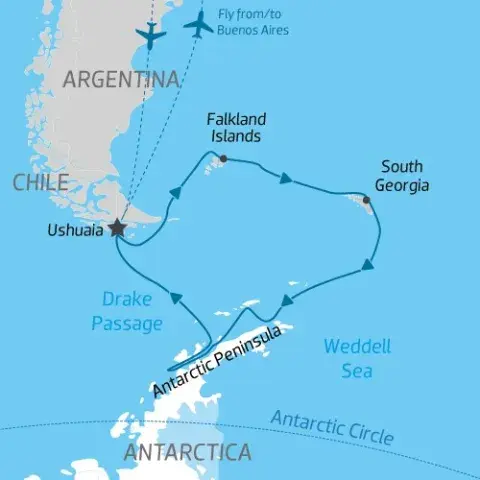 Cruise itinerary map of Antarctica South Georgia, and Falklands) 