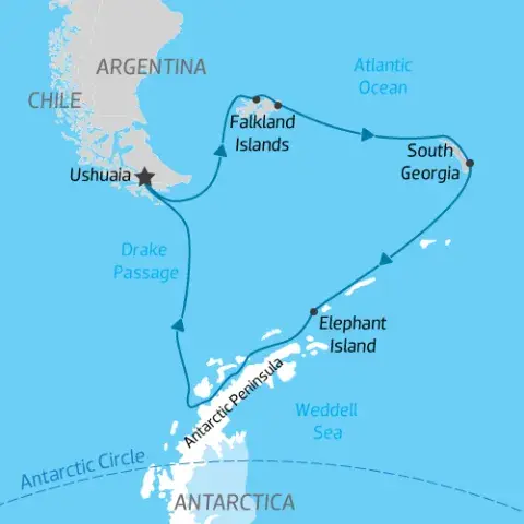 Cruise Itinerary Map from Ushuaia to Falklands, South Georgia and Antarctica back to Ushuaia) 