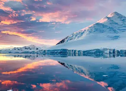 calm bay in Antarctica with midnight sun colouring snowy mountain) 